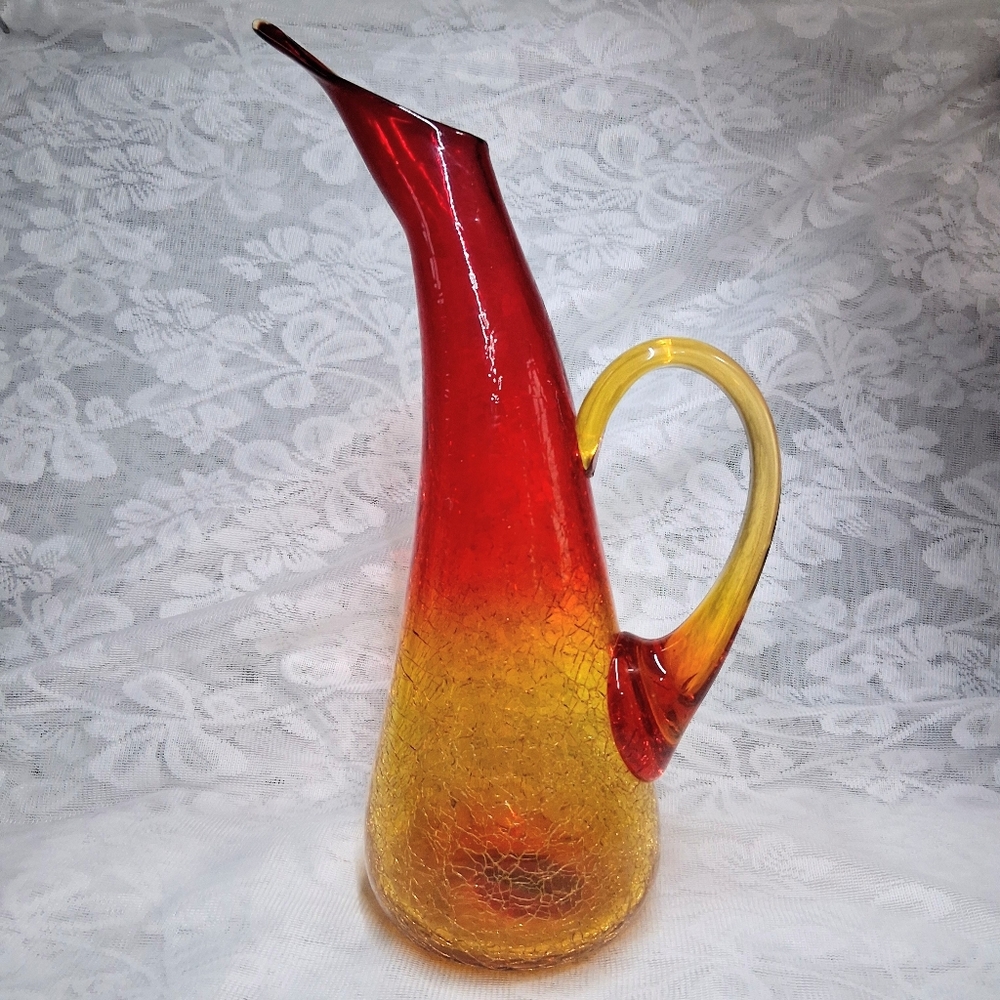 Vintage Amberina Crackle Glass Pitcher MCM Hand-Blown Art Glass 12" - Picture 2 of 16